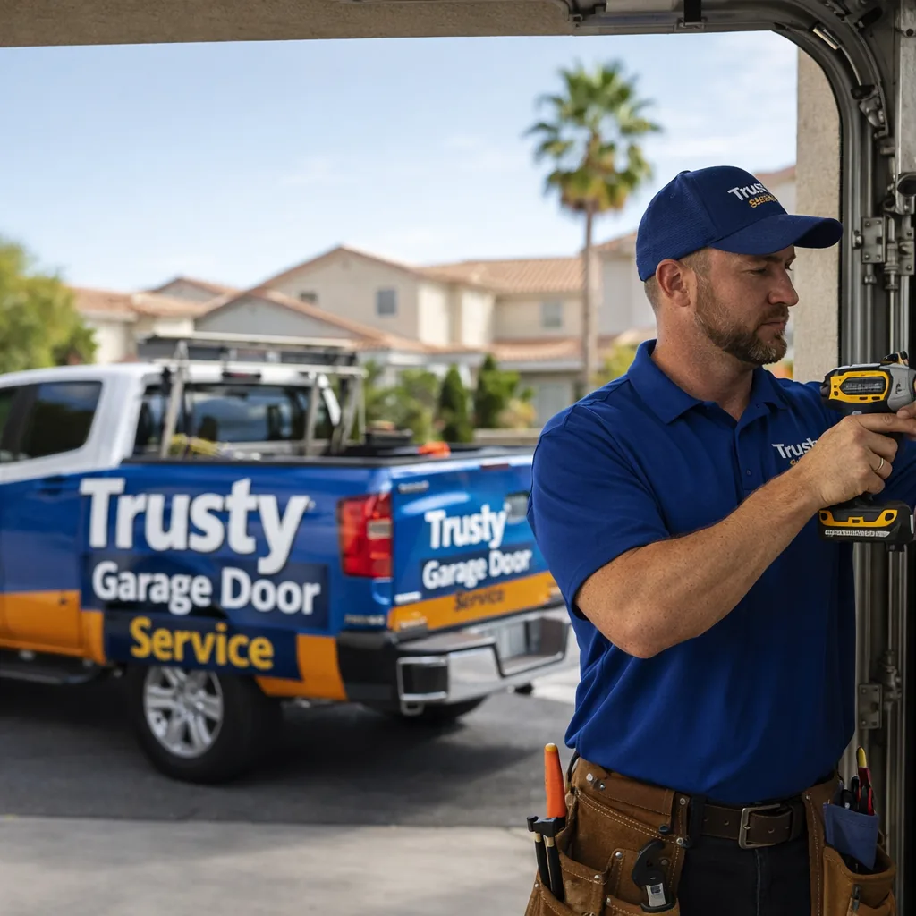 Uniformed Trusty Garage Door Service technician working on an open residential garage door in a Las Vegas driveway, daylight, branded truck in the background.