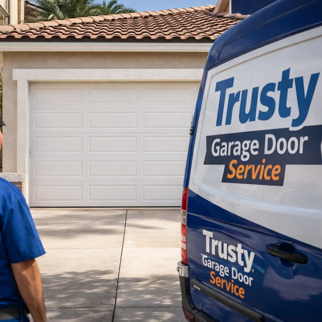 A newly installed steel garage door on a Las Vegas home, painted to match the house trim, clear daylight shot.