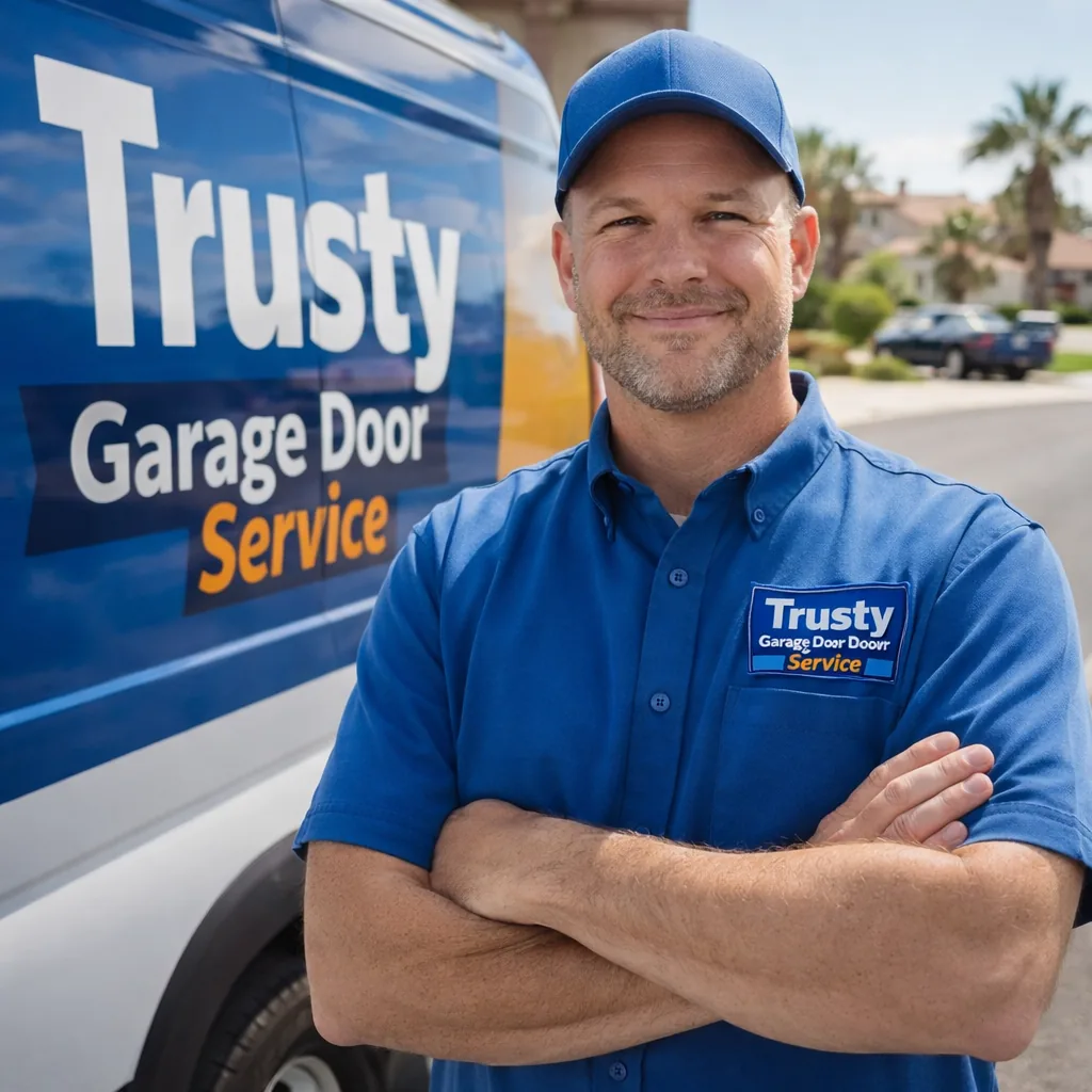 Friendly Trusty Garage Door Service owner-technician standing beside a branded service van, arms crossed, approachable expression, Las Vegas residential street in the background.