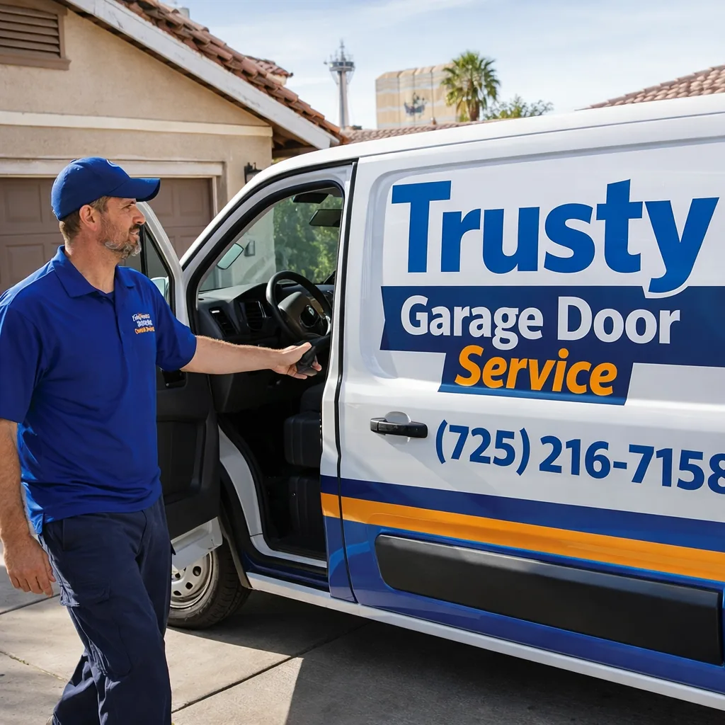 Uniformed technician in a marked Trusty Garage Door Service vehicle arriving at a Las Vegas home's driveway.