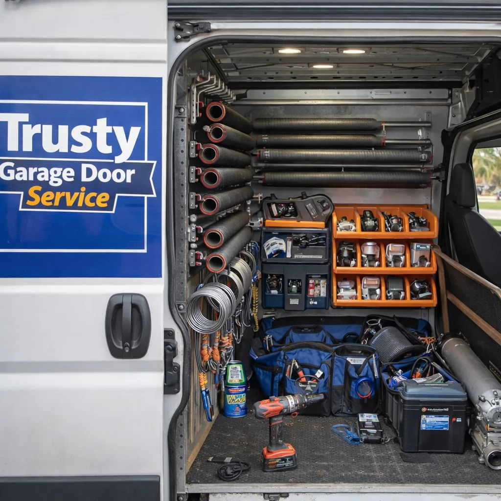 Organized interior of a service van with torsion springs, cables, and opener parts staged for a same-day repair.